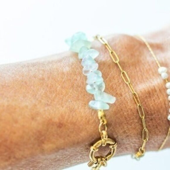 Beachy Aqua colored Fluorite Gemstone Bracelet Waterproof paperclip Chain - Picture 4 of 6